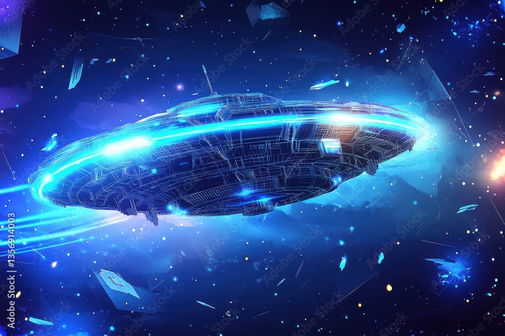 Poster a futuristic digital illustration of a hovering object in a technologically advanced setting with di