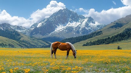 Obraz premium A solitary horse grazing on expansive grasslands, framed by rugged mountain peaks and softened by the warm, golden hues of early evening light.