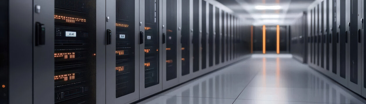 close up of secure server room featuring rows of servers with glowing lights, showcasing advanced technology and organization
