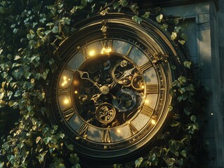 Obraz premium An antique clock with intricate gold details, its internal gears and mechanisms enslaved over time by lush green vines and blossoming flowers.