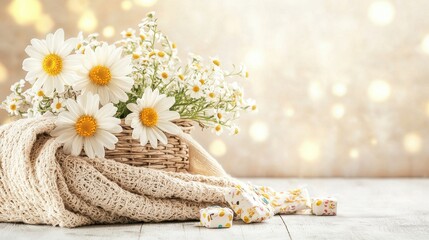 A wicker basket overflowing with cheerful daisies led in a cream-colored knit scarf on rustic wood with a bokeh backdrop