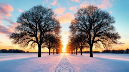 Winter sunrise pathway lined with trees