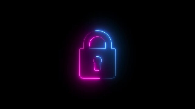 lock icon blue and pink color neon glowing neon color security privacy password protection safety animated on a black background.