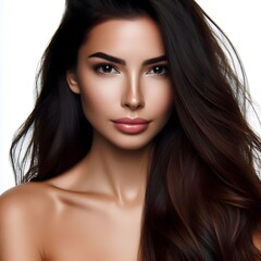 Fototapeta premium A beautiful brunette female long hair model isolated on white background 