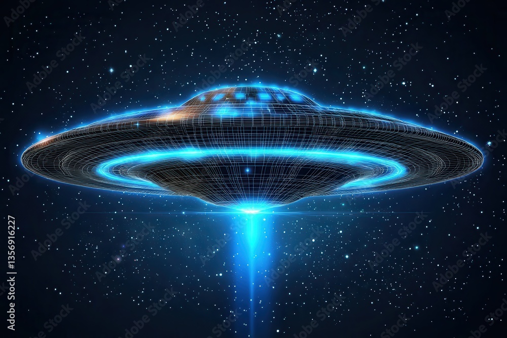 Poster a futuristic digital illustration of a hovering object on a dark background with glowing lights and 