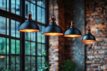 Obraz premium Modern metallic black and copper lamps illuminating a loft with brick wall and large windows