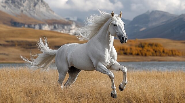 A striking image of a white horse in mid-gallop, its body taut with motion, the stormy sky and wind-blown mane creating a sense of wild majesty 