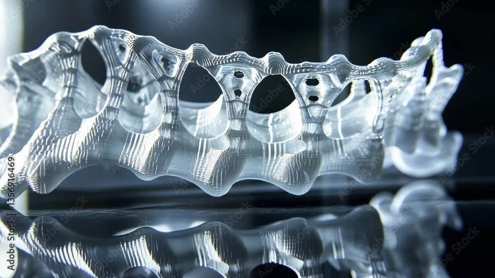 Poster close up of a translucent 3d printed structure showcasing intricate details and complex geometry, re