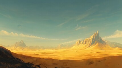 Naklejka premium Arid Expanse, Golden Desert Under a Pale Sky with Distant Mountains