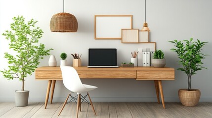 Modern minimalist wooden home office with laptop, plants, and empty frames