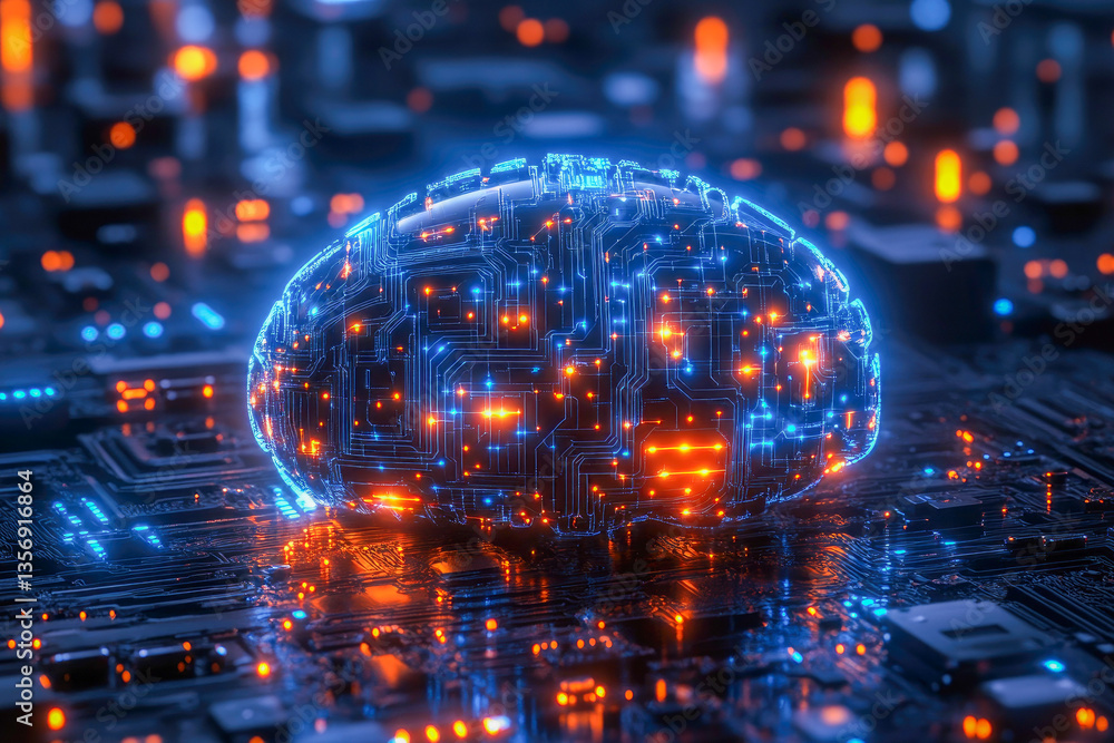 Aufkleber a hyper-realistic depiction of a brain composed of circuits, symbolizing the fusion of technology an