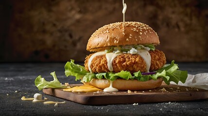 A delicious crispy chicken sandwich with lettuce and creamy sauce, served on a sesame seed bun.