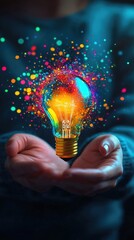 Hands holding a colorful lightbulb, creative idea, bright background, stock photo
