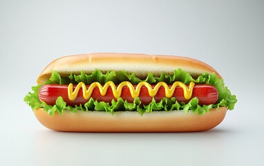 Delicious Hotdog: A mouthwatering close-up of a perfectly crafted hotdog, complete with a juicy sausage, vibrant lettuce, and a zig-zag of mustard.