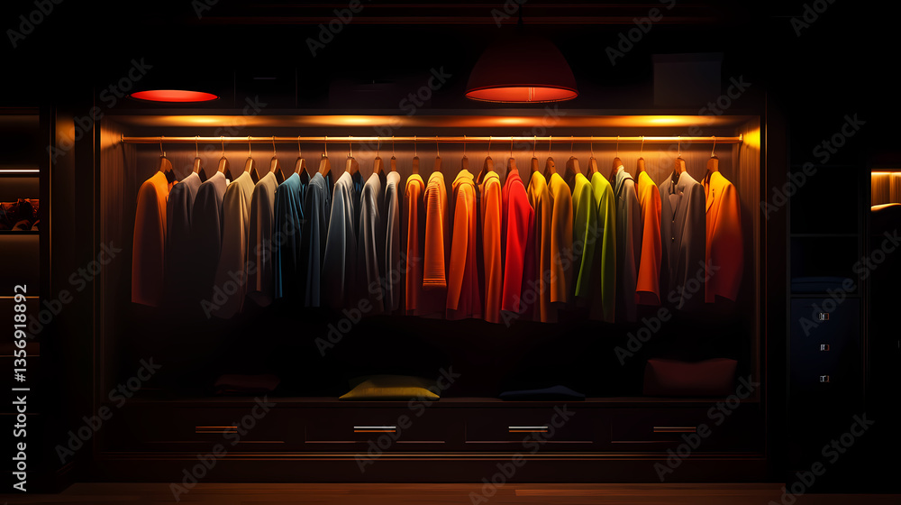 Poster illuminated wardrobe display: a well-organized closet displaying an array of colorful garments, illu