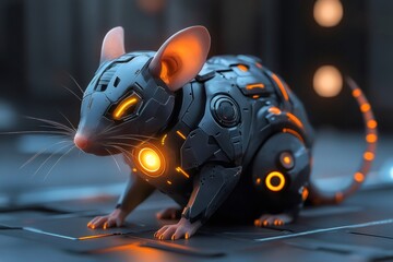 Futuristic cyborg rat wearing powered armor in a technological environment
