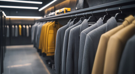 Fototapeta premium Elegance on Display: a sophisticated display of tailored suits, inviting potential buyers with their timeless elegance and quality craftsmanship. Focuses on fashion and retail experience.