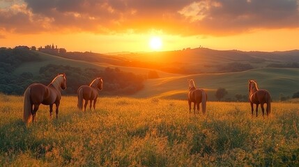 Fototapeta premium A tranquil horse farm at sunset, with horses grazing in the foreground, the golden light highlighting their forms against a backdrop of rolling hills. 