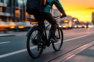 Fototapeta premium Courier riding bicycle on city street during sunset
