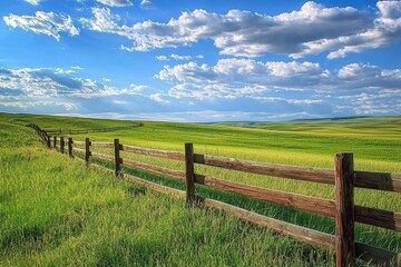 Tranquil rural setting with a wooden fence framing lush fields.