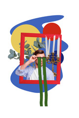 Trend artwork 3D collage composite image of young handsome guy wear sunglasses in photo frame dried...