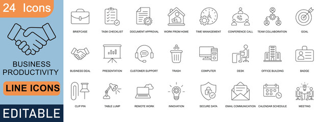 Business productivity line icons set. Includes briefcase, task checklist, remote work, time management, team collaboration, goal, secure data, email communication, meeting, and innovation.