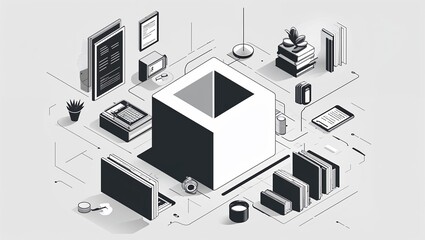 A rectangular prism in Black characters and objects on a white background