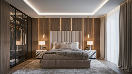 A bedroom with a large bed and a dresser. The bed is covered with a white comforter and a white blanket. The dresser is made of wood and has a mirror on top. The room has a warm