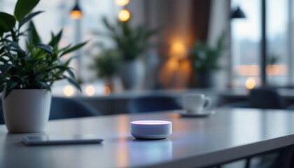 Smart home device sits on table next to plant in bright modern room