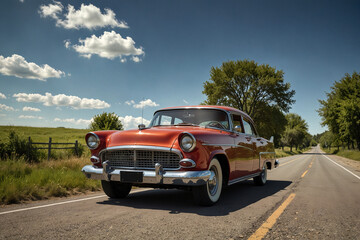Fototapeta premium Vintage Red Car on Scenic Rural Road