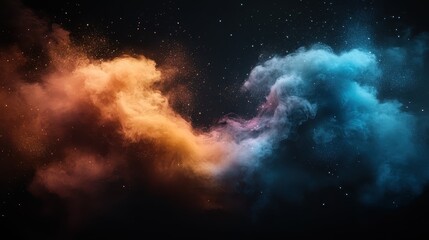 Vibrant smoke clouds swirl together in orange and blue against a dark background, creating an abstract visual that evokes feelings of mystery and creativity.