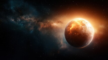 Obraz premium A fiery planet glowing against a vibrant cosmic background, emphasizing the raw beauty and dynamic nature of our universe, evoking feelings of wonder and exploration.