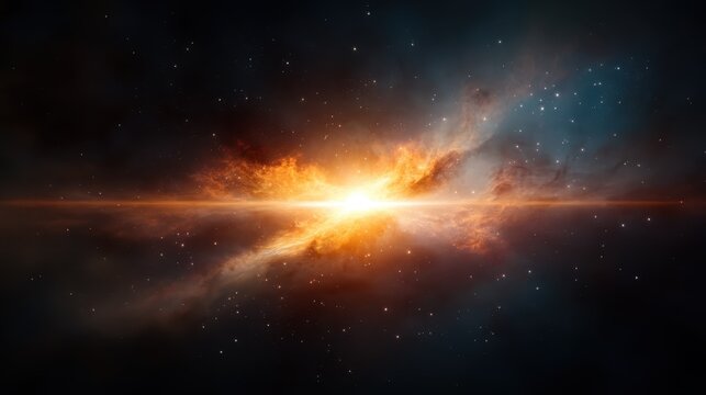 An explosive cosmic event radiating brilliant colors and energetic light in the dark expanse of space, symbolizing creation and transformation in the universe.