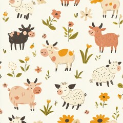 Farm-themed seamless baby pattern featuring cute animals in warm earthy colors and a hand-drawn style suitable for nursery decor Generative AI