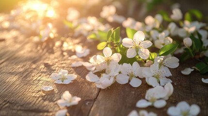 Delicate fruit blossoms scattered across a rustic wooden table bathed in warm golden sunlight evoking the essence of spring renewal