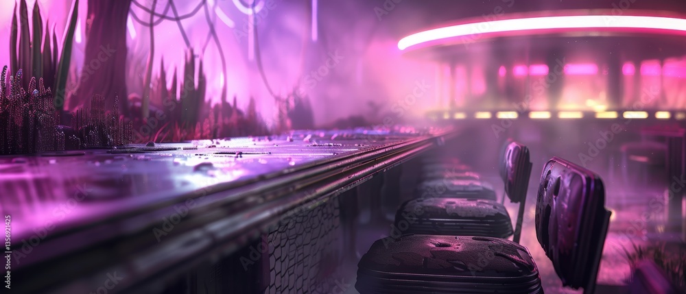 Poster a surreal diner scene with a neon glow, featuring futuristic elements and a misty atmosphere, creati