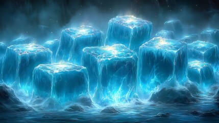Fototapeta premium Glowing ice cubes magically arranged serene blue light. AI Generated