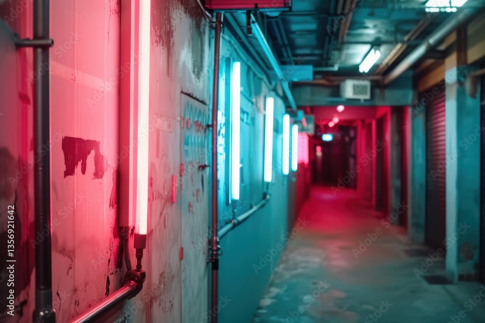 Poster a vibrant corridor illuminated by colorful neon lights, creating a futuristic and moody atmosphere.