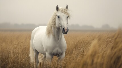 A white horse standing majestically in an open field, the monochrome palette accentuating its grace and the serene textures of the surrounding landscape.  