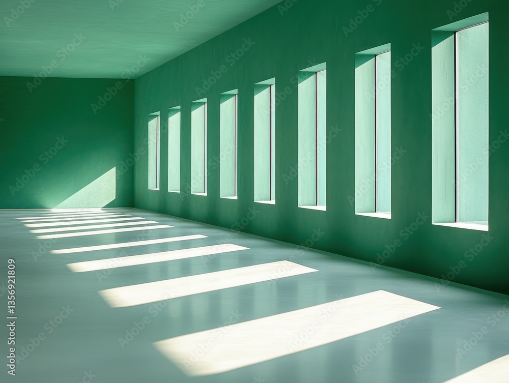Poster minimalist interior with green walls and sunlight streaming through windows creating geometric patte