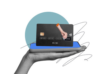 Composite photo collage of hand hold iphone credit card contactless payment nfc online money shopping isolated on painted background