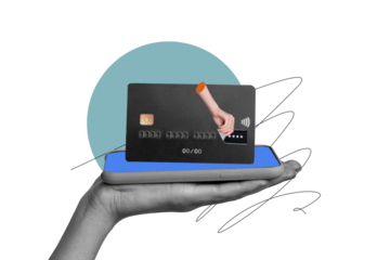 Composite photo collage of hand hold iphone credit card contactless payment nfc online money shopping isolated on painted background
