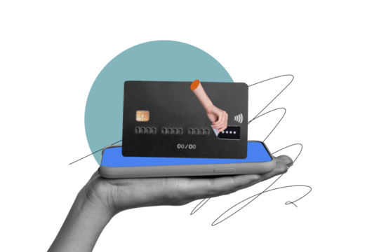 Composite photo collage of hand hold iphone credit card contactless payment nfc online money shopping isolated on painted background