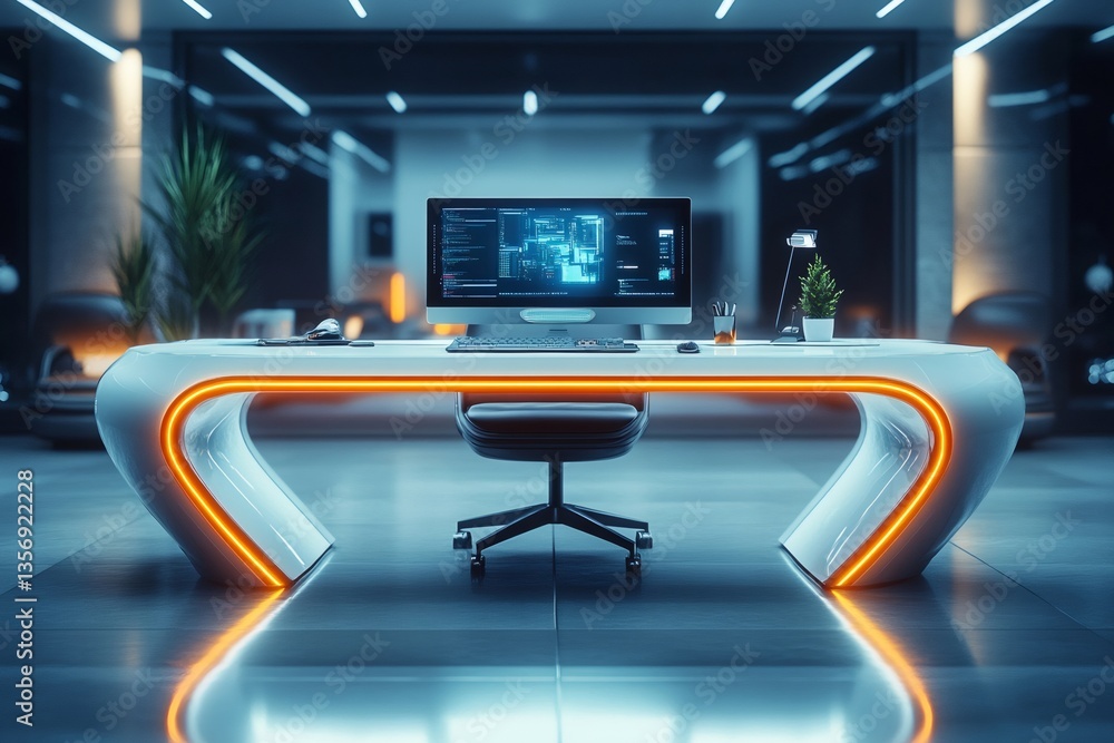 Aufkleber Futuristic office desk showing programming code on monitor in modern workspace