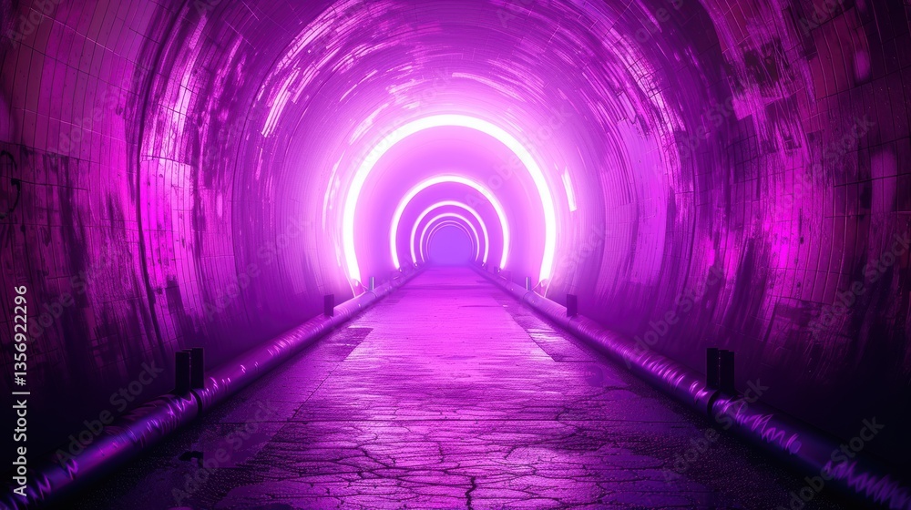 Poster a vibrant purple tunnel with circular light fixtures leads into an unknown depth, creating a mysteri