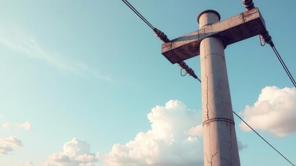 Obraz premium A weathered concrete utility pole stands tall against a serene, pale blue sky adorned with fluffy white cumulus clouds, showcasing its aged texture and sturdy construction under a bright sun.