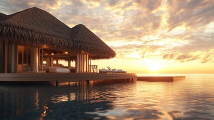 Fototapeta premium Romantic overwater villa with a thatched roof an infinity pool and breathtaking sunset views