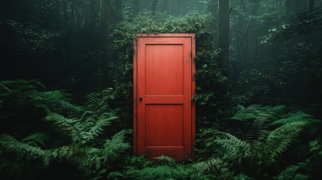 A captivating red door enveloped by lush moss and ferns in a mysterious forest setting, suggesting themes of exploration, nature's beauty, and the allure of the unknown.