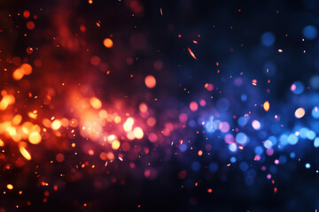 Fire embers particles Red and Blue light over black background. Fire sparks background. Abstract dark glitter fire particles lights. bonfire in motion blur.
