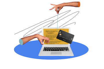 Creative collage image of hand hold lure credit card internet fraud stealing money netbook unusual...
